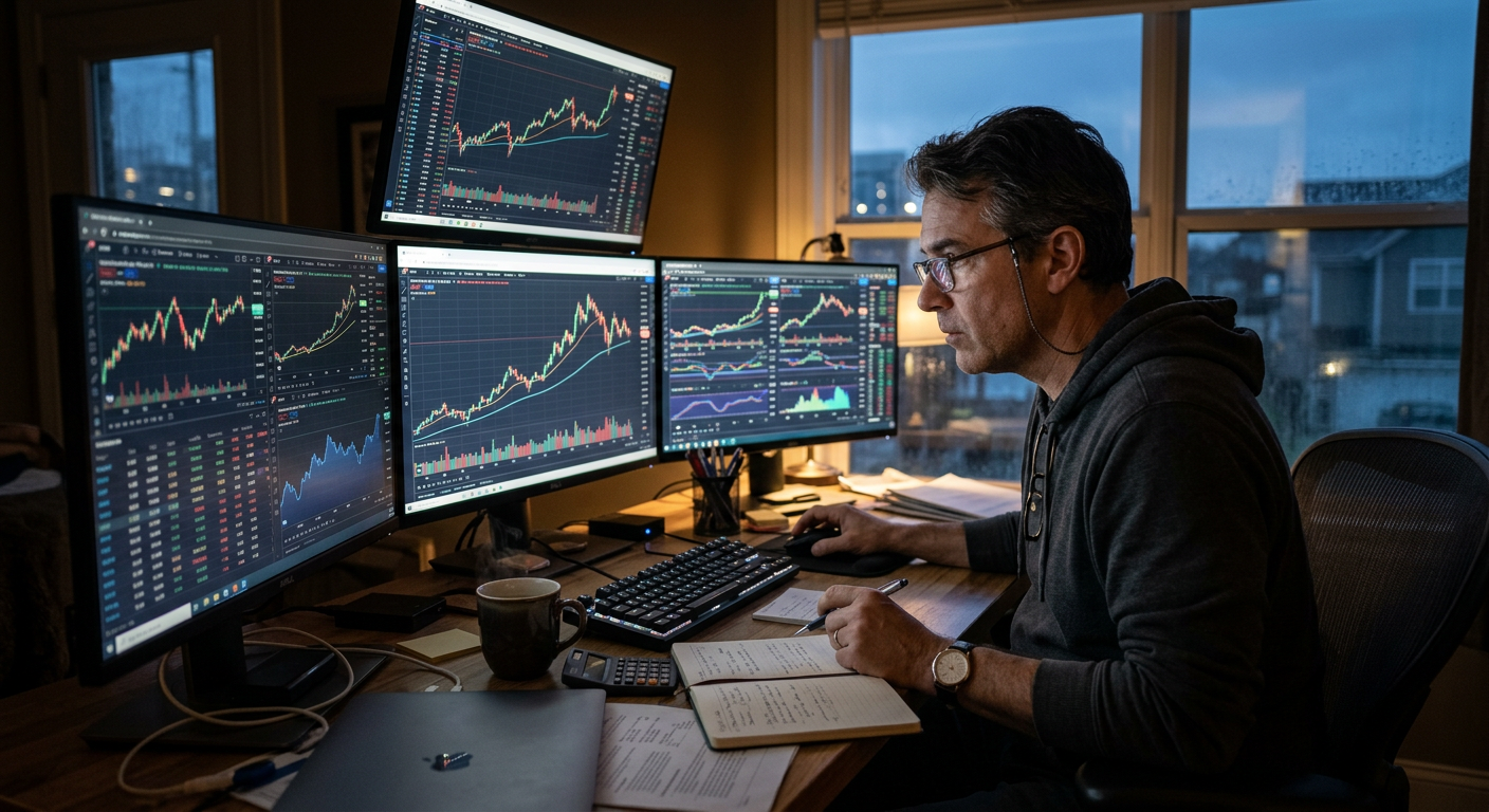 서학개미의 심야 미국 주식 레버리지 ETF 거래 현장감을 사실적으로 표현