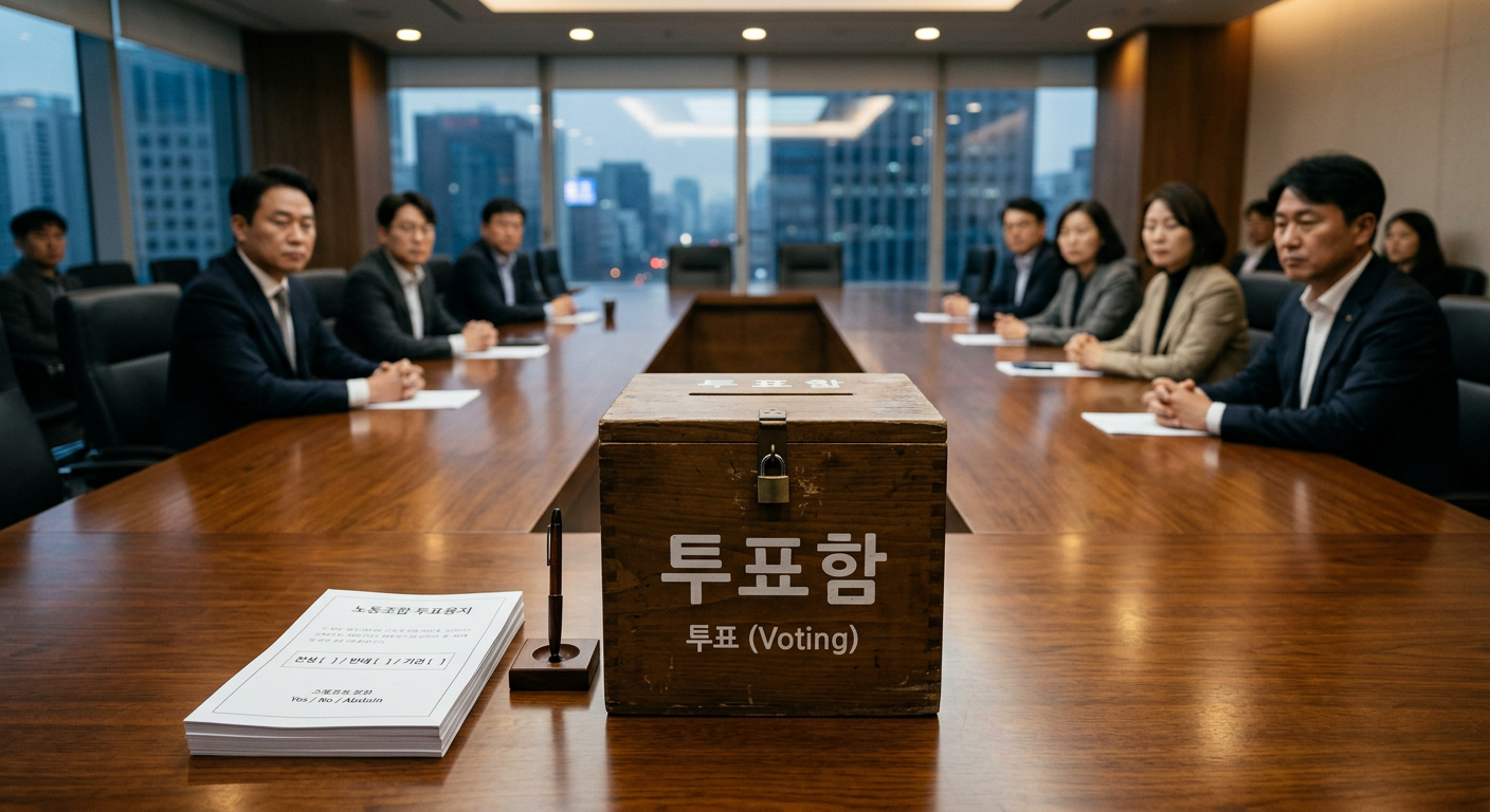 노조 총투표의 긴장감과 박빙의 부결 상황을 상징하는 투표 현장 분위기 시각화