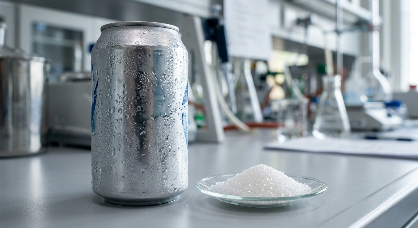 인공감미료의 물리적 형태와 음료 제조 및 과학적 분석 환경을 직관적으로 보여줌