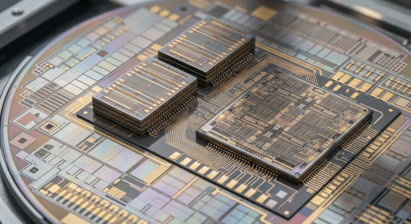 GPU, CPU, HBM이 결합된 반도체 칩셋의 물리적 결합 구조와 정밀 제조 기술 표현