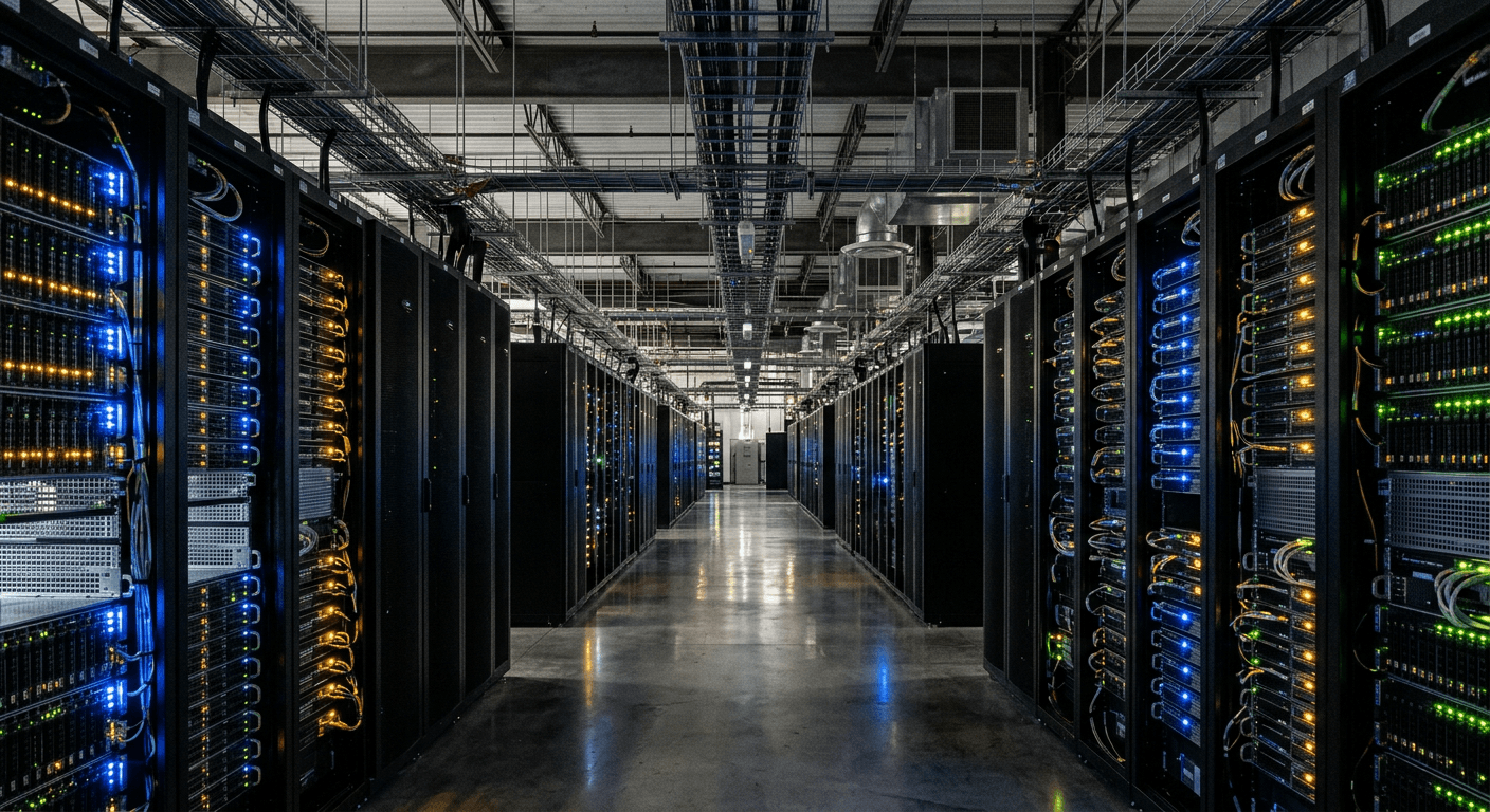 구글 등 초대형 빅테크 클라우드 데이터센터에 공급되는 맞춤형 AI 인프라 환경을 사실적으로 묘사